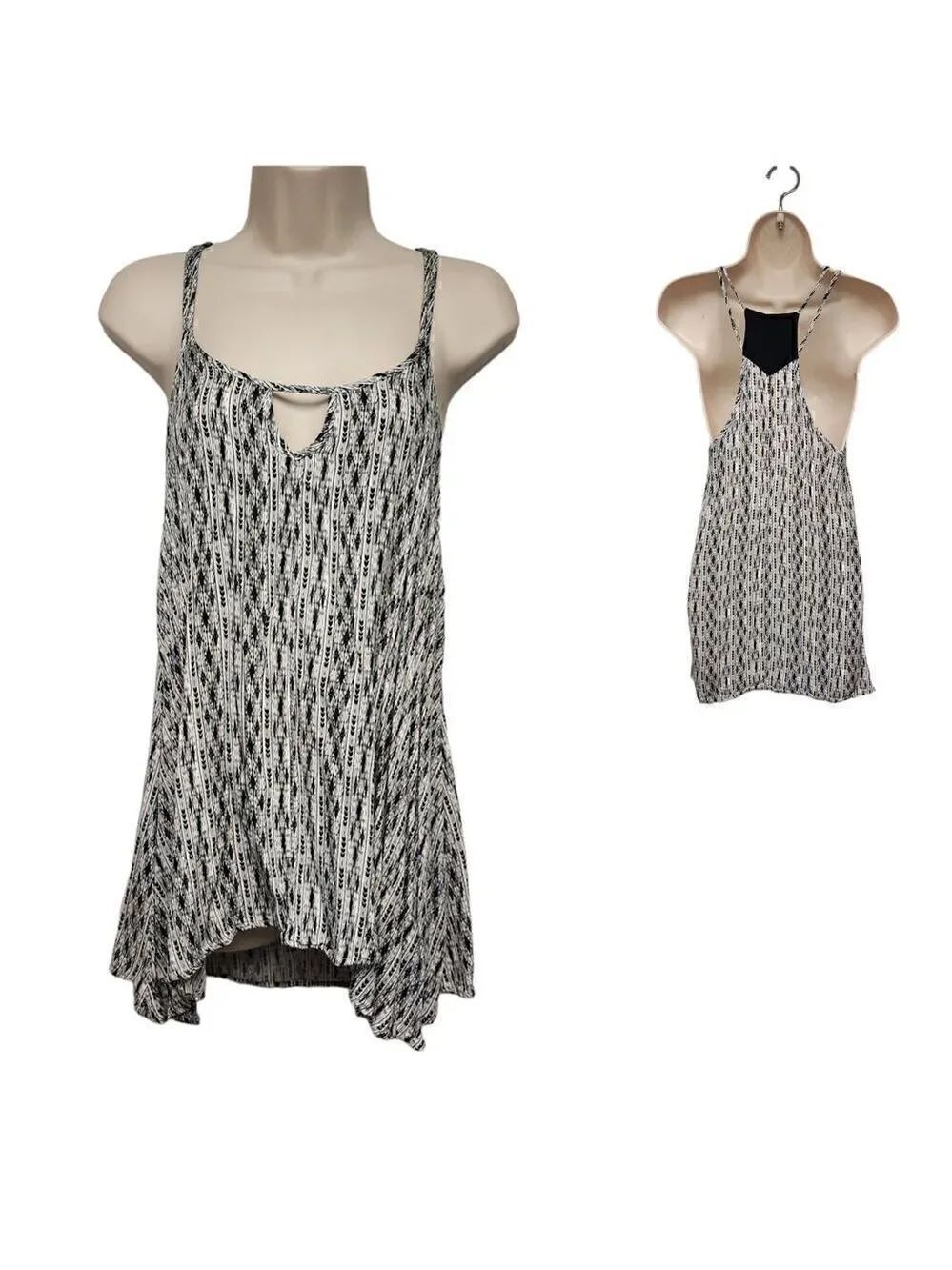 LSpace Black White Boho Print Strappy Trapeze Tunic Blouse Medium